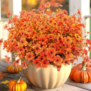 [New Deal]- Artificial Mums Fall Flowers for Outdoors, 12 Bundles Faux Mums UV Resistant Fake Fall Plants Plastic Greenery Autumn Decor for Outside Garden Porch Patio Hanging Planter (Orange Green)