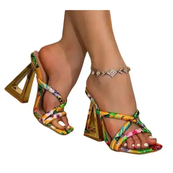OAHU MULTI COLOR TROPICAL FLORAL PRINT MULE WITH SCULPTURAL GOLD TRIANGLE HEEL
