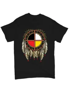 Men's Native American Medicine Wheel Dreamcatcher T-Shirt - 100% Cotton Vintage Cultural Symbol with & Bead Suitable for Casual, Fitness Training, Casual Attire - - Tee for Outdoor Events & Native American Apparel