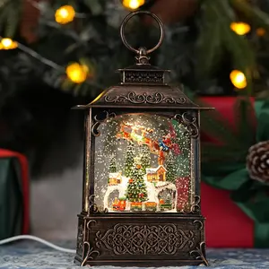 Christmas Snow Globe with Santa & Flying Reindeer Sleigh Christmas Village Church House, 6H Timer USB Plug or Battery Operated Music Glitter Snow Globe Indoor Decorations