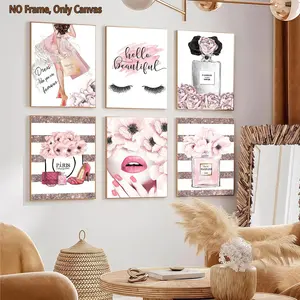6-count frameless canvas, pink light luxury and fashionable girlish decorative poster, modern family poster, fashionable living room decoration, Modern Home Decor, suitable for corridor walls, bedroom rooms, office art, Wall Art Painting, exquisite gifts
