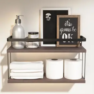 Dual-Level Guardrail Bathroom Shelves, Rustic Wood Floating Shelf Wall Mounted, Over Toilet Paper Storage Shelf for Bathroom Wall Decor, Bathroom Organizers and Kitchen Storage