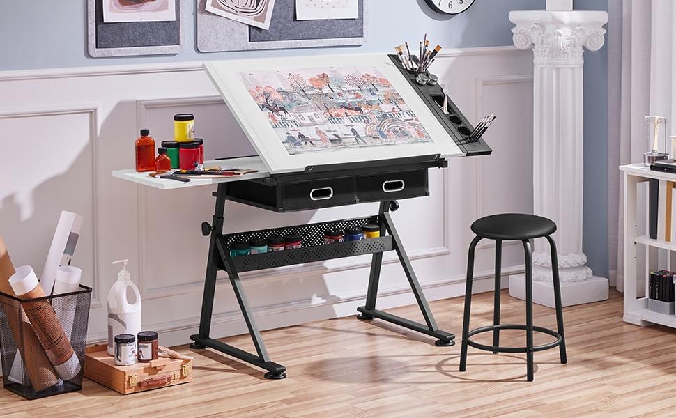 Yaheetech Drafting Table & Stool Set Height Adjustable Drawing Table Art Craft Desk with 2 Storage Drawers and Stool for Home Office