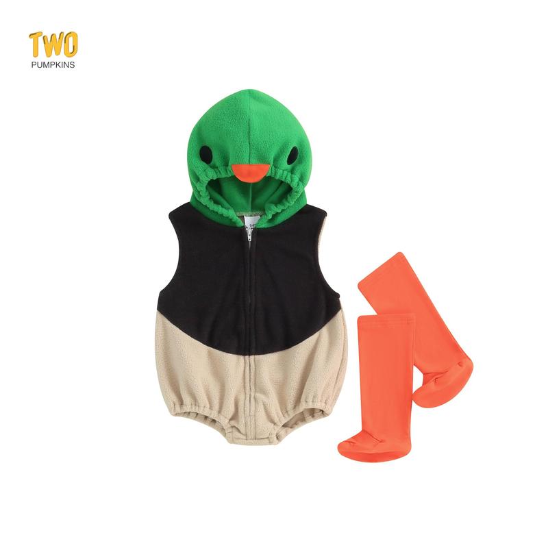 Baby Duck Costume, Sleeveless Hooded Zipper Closure Romper with Leg Warmers Halloween Cosplay Costume