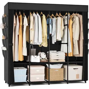 67 Inch Wide Portable Closet for Hanging Clothes, Large Free Standing Wardrobe with Cover, 4 Hanging Rods, Storage Shelves and Side Pockets, Large Capacity Clothes Storage Organizer for Bedroom, Black