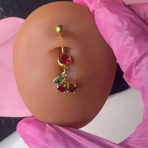 Gold Cherry Belly Ring - Stainless Steel Body Jewelry for Women (Hypoallergenic, Dainty Navel Piercing Accessory)