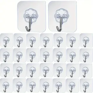 30pcs Clear No-Damage Adhesive Wall Hooks - Strong Hold, Nail-Free Installation for Picture Frames & Tiles, Multi-Surface Compatibility, Contemporary Style, Transparent Design, Utility Hooks