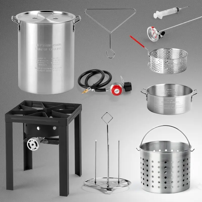 Set of Four Items: 12X12X30 Inch Black Square Iron Stove Stand, Silvery Aluminum 30-Quart Turkey Pot Along with a 10-Quart Fish Pot, And a Gas Fryer