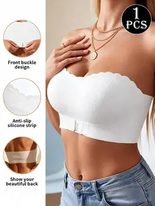 1 Piece Simple Wave Edge Front Buckle Non-Slip Bra, Elegant Chic Sexy Wireless Strapless Lined Bra, Daily Wear & Sports Fitness Underwear