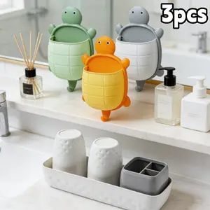 3-Piece Cartoon Turtle Wall-Mounted Plastic Storage Baskets - No Drilling, With Hooks, Space Saver for Bathroom Toiletries (Sports & Outdoor Accessories Compatible)
