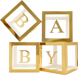 Gold Baby Boxes with Letters for Baby Shower, Baby Shower Decorations for Boys or Girls, Transparent Balloon Boxes Clear Blocks for Birthday Party, Bridal Shower, Gender Reveal Tape