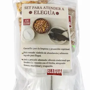 Set for Elegua. Efun-Cascarilla, Toasted Corn and Jutia/Smoked Fish
