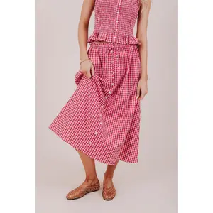 Free Yourself Skirt - Gingham Print Fitted Midi Boho Style High Waist Summer Skirt with Pockets & Ruffled Waistline in Red or Black