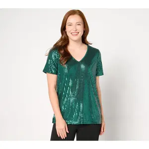 Jingle Belles by Kim Gravel Sequin Front Knit Back V Neck Top