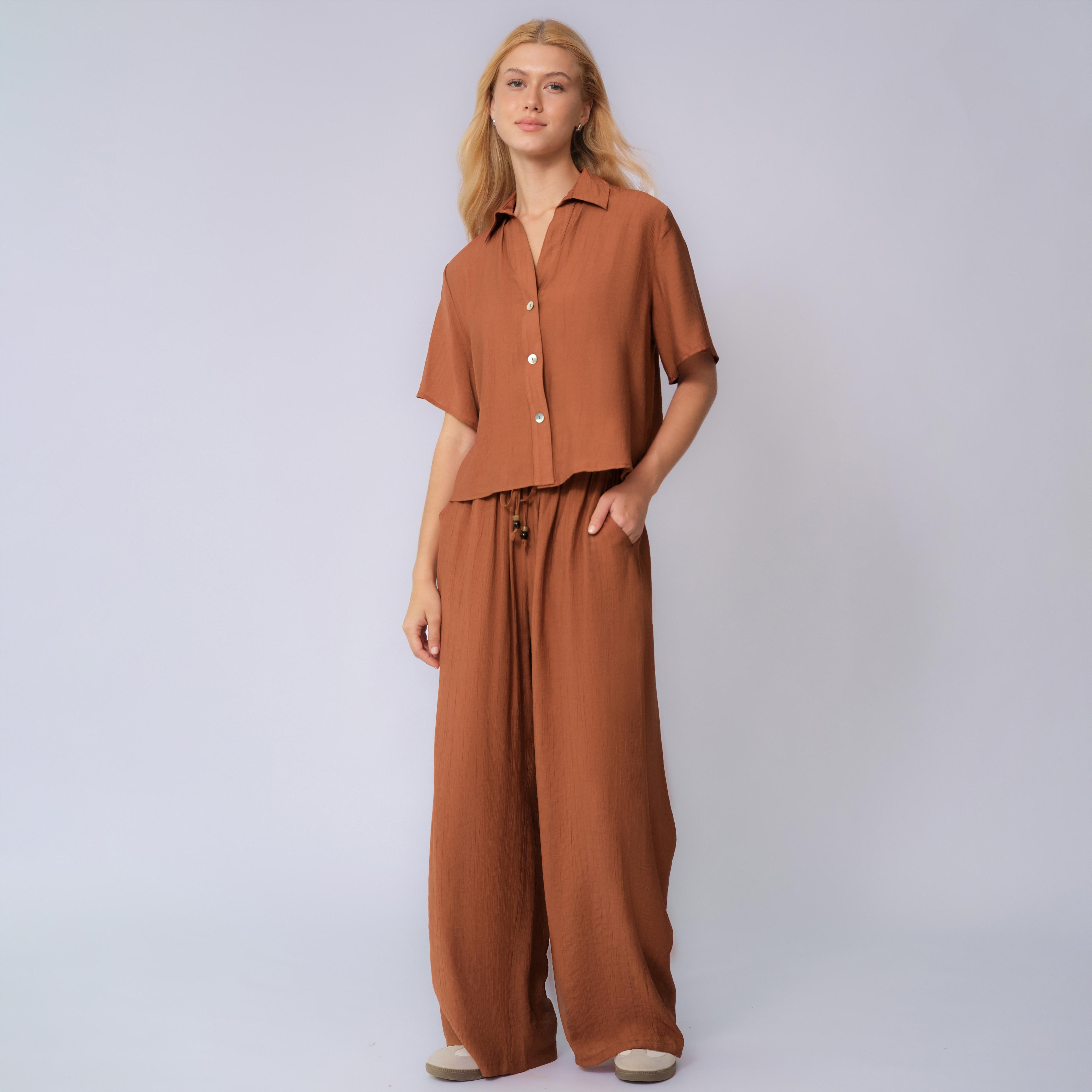 KatchMe Women's Classy Solid Color Collared Shell Button Loose Top & Drawstring Wide Leg Trousers Co-ord, Comfort Set for Lady, Basic Two Piece Outfits KatchMe Women's Classy Solid Color Collared Shell Button Loose Top & Drawstring Wide Leg Trousers Co-ord, Comfort Set for Lady, Basic Two Piece Outfits