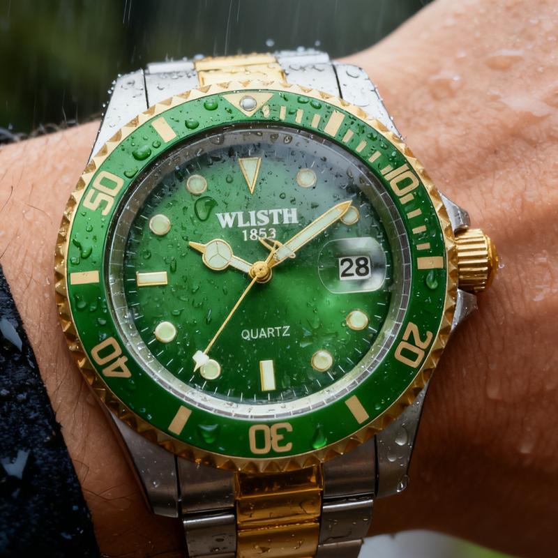 Men's Pro Diver Quartz Watch with Stainless Steel Strap - green Dial & Gold Accents - Durable & Stylish Timepiece