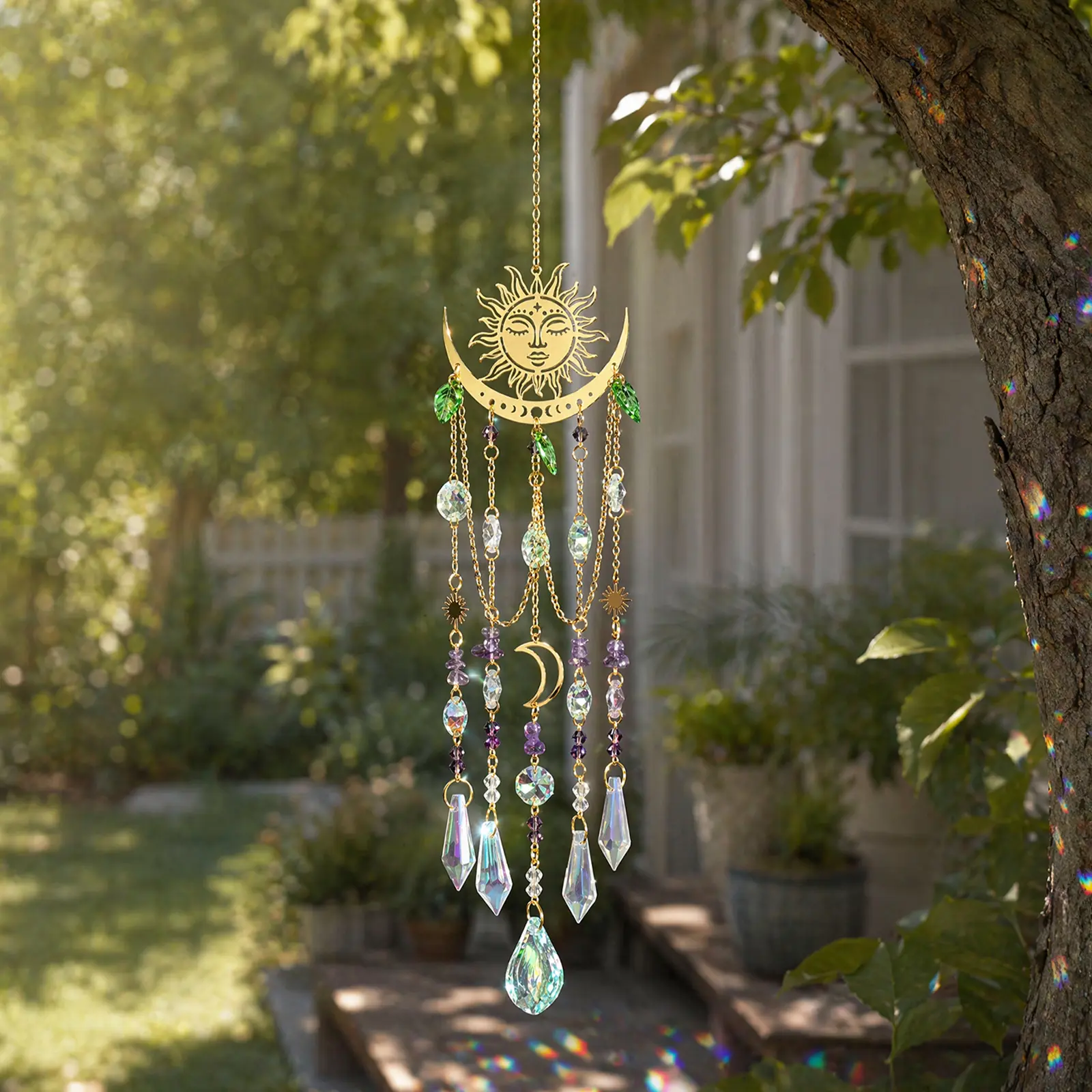 Crystal Sun Catcher, 1 pcs Hanging Suncatcher with Artificial Crystals, Handmade Rainbow Maker Indoor Outdoor Decor for Window Bedroom Courtyard Garden, Bless Gift