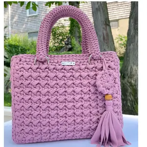 Handmade Crochet Bag - Large Woven Purse with Lining Recycled Yarn Handbag Spring & Summer Gift for Her Pink Tassel Detail