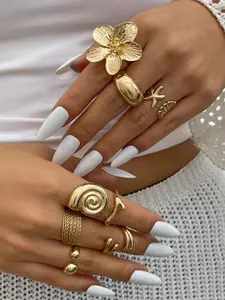 8 Piece Set Starfish Shell Open Ring Alloy Flower Design Fashion Jewelry for Women, Elegant Casual Wear Accessories