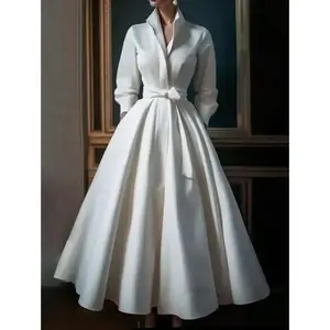 Women Elegant Shirt Dress Long Sleeve Stand Collar White Minimalist A-Line Pleated Wedding Guest Long Dresses with Blet 2024