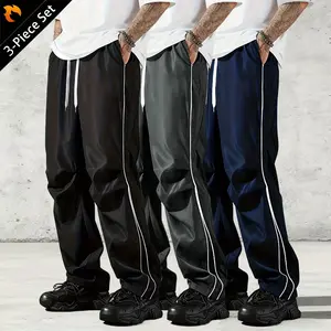 Men's three-piece set loose fit solid color casual pants with side stripe design, stylish and simple, casual straight-leg pants.Jogger pantsSuitable for daily commuting, workouts, all-season wear