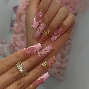Luxury nails\ Pink 3D Floral Press On Nails, Pastel Charm Gold Flower Nails, Elegant Girly Long Nails, Glossy Pink Barbiecore Nails, French tip nails