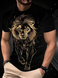 Men's 3D lion print digital short-sleeved T-shirt, casual and comfortable crew neck top, stylish and versatile, comfortable and lightweight, regular fit suitable for everyday wear, Fitted, Streetwear