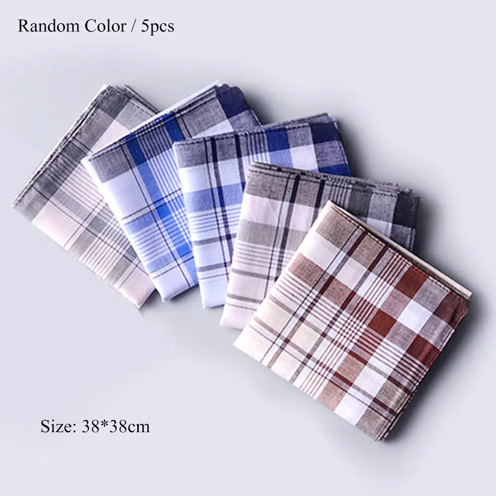 100% Brand New Adult Male Cotton Handkerchiefs, 5Pcs 38*38cm Square Plaid Striped Pocket Towels, Casual Business Fashion Accessories