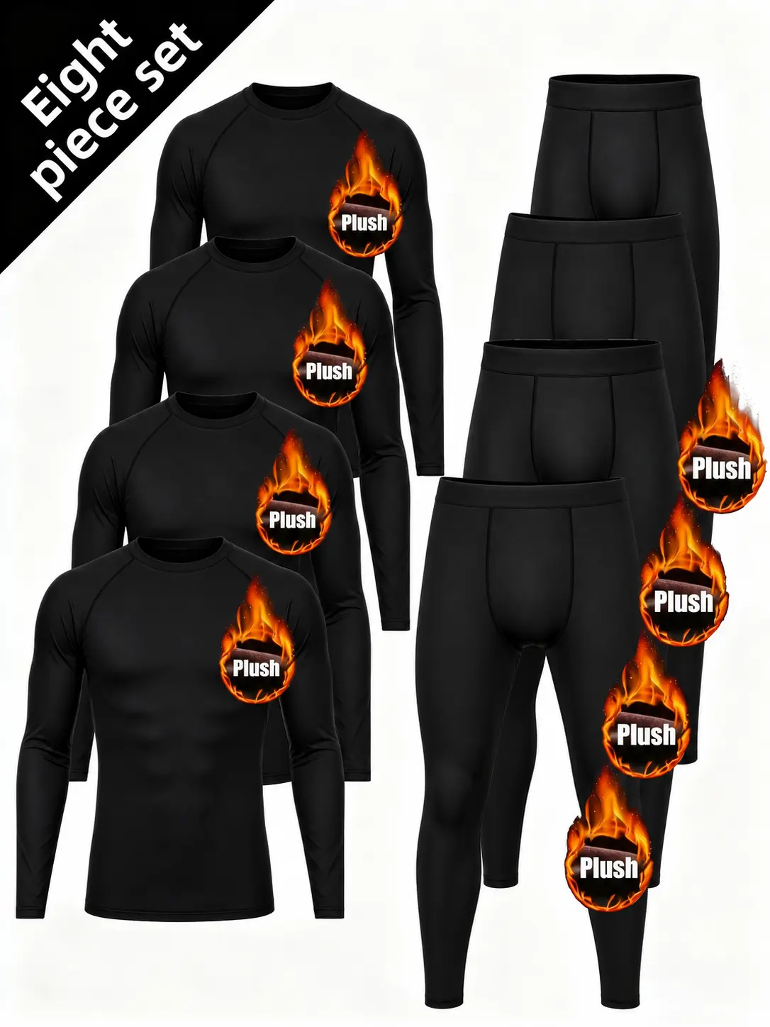 Men's Plus Size Thermal Compression Set, 8-Piece Geometric Long Sleeve Tops & Leggings for Cold Weather Workouts