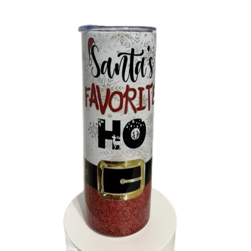 Santa's Favorite H* 20oz Tumbler with Glitter Design and Belt Buckle Detailing