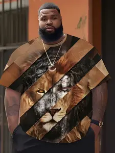 Men's Plus Size Casual Streetwear Menswear Short Sleeve T-Shirt, Lion Face Patchwork Striped Print, Loose Fit, Front Back Printed, Breathable