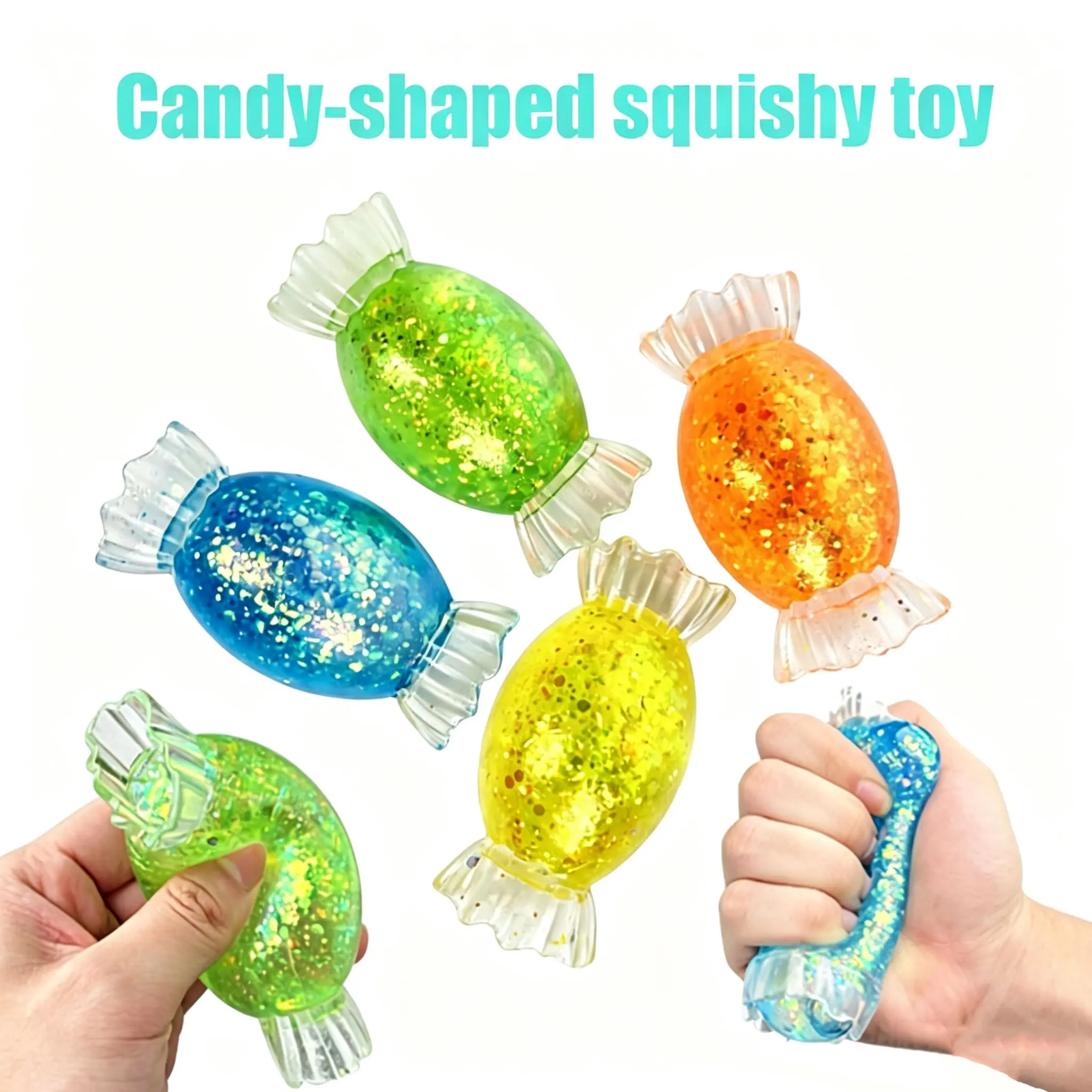 Sparkly Glitter Candy Squishy Toy, cute candy-shaped squeeze fidget toy filled with shimmering gold glitter flakes, perfect Halloween trick or treat bag filler, lovely party favor & stress relief holiday gift for kids of all ages