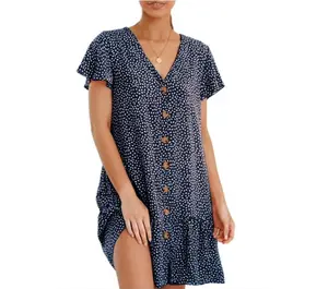 Stylish Floral V-Neck Button Ruffle Women's Dress for Spring and Summer