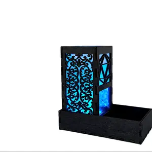 Light Up Color Changing LED Wooden Dice Tower with Intricate Design and Blue Illumination