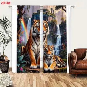 2D Flat  Tiger and Cub Enchanted Waterfall View Blackout Curtains 2-Piece Set, Orange Black Striped Tigers on Mossy Rocks with Cascading Waterfalls & Rainbow for Living Room Bedroom Decor