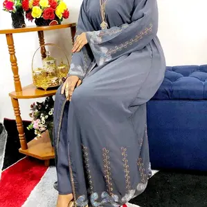 Gray Nidah Material Abaya with Rhinestones - Includes Inner, Headscarf, and Belt - Muslim Fashion Women's Islamic Clothing