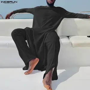 INCERUN Men's 2-Piece Exotic Ethnic Cultural Thobe Set - Longsleeve Soft Plain High-Slit Tunic & Trousers, Casual Muslim Homewear for Dubai Vacation, All-Seasons Menswear Clothing Set, Matching