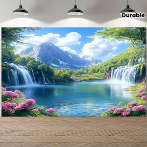 2D Flat Banner 1PC, Nature themed background banner - turquoise lake, mountain, waterfall and hydrangea flower shore background, durable indoor/outdoor wedding and birthday party decoration, Wall Hanging Backdrop