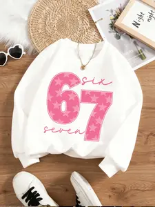 Girls' Round Neck Sweatshirt, 67 Stars Pattern Print, Breathable Casual Comfort Fit, Outdoor Vacation Wear, Essential Daily Clothing, Casual Cozy Sweatshirt
