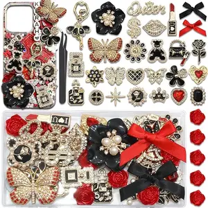 Junk Case Charms Red Black Bow Flower Charm for Phone Cases 3D Gold Butterfly Rhinestone Junk Case Kit Elegant Heart Rose Bear Big Charms Customizing DIY Craft Accessories