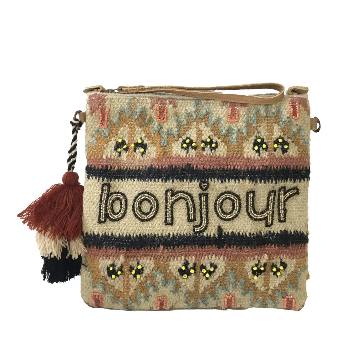 Women's Alex Max Bonjour Beaded Large Pouch Wristlet Crossbody Clutch - Natural/Multi, Adjustable Strap Purse with Beaded Textile, Zip Top, Front Embroidered Detail, Tassel Charm for Casual Use