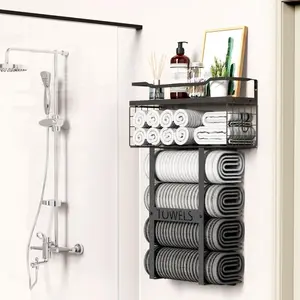 Towel Racks for Bathroom, Metal Towel Organizer Holder with Storage Basket,Wall Towel Rack for Rolled Towels, Towel Storage for Small Bathroom(black,short)