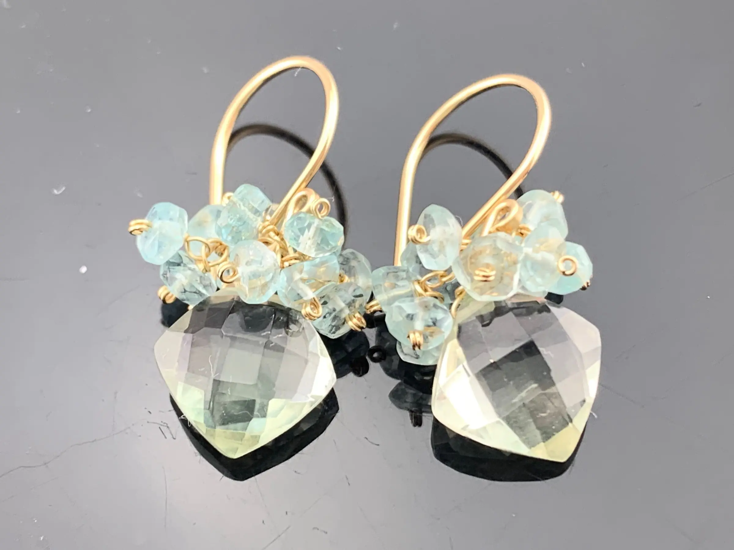 Green Amethyst & Aquamarine · Cushion Cut Cluster Earrings · 14K Gold Filled or Sterling Silver · Soft Gemstone Dangles · Gift for Her