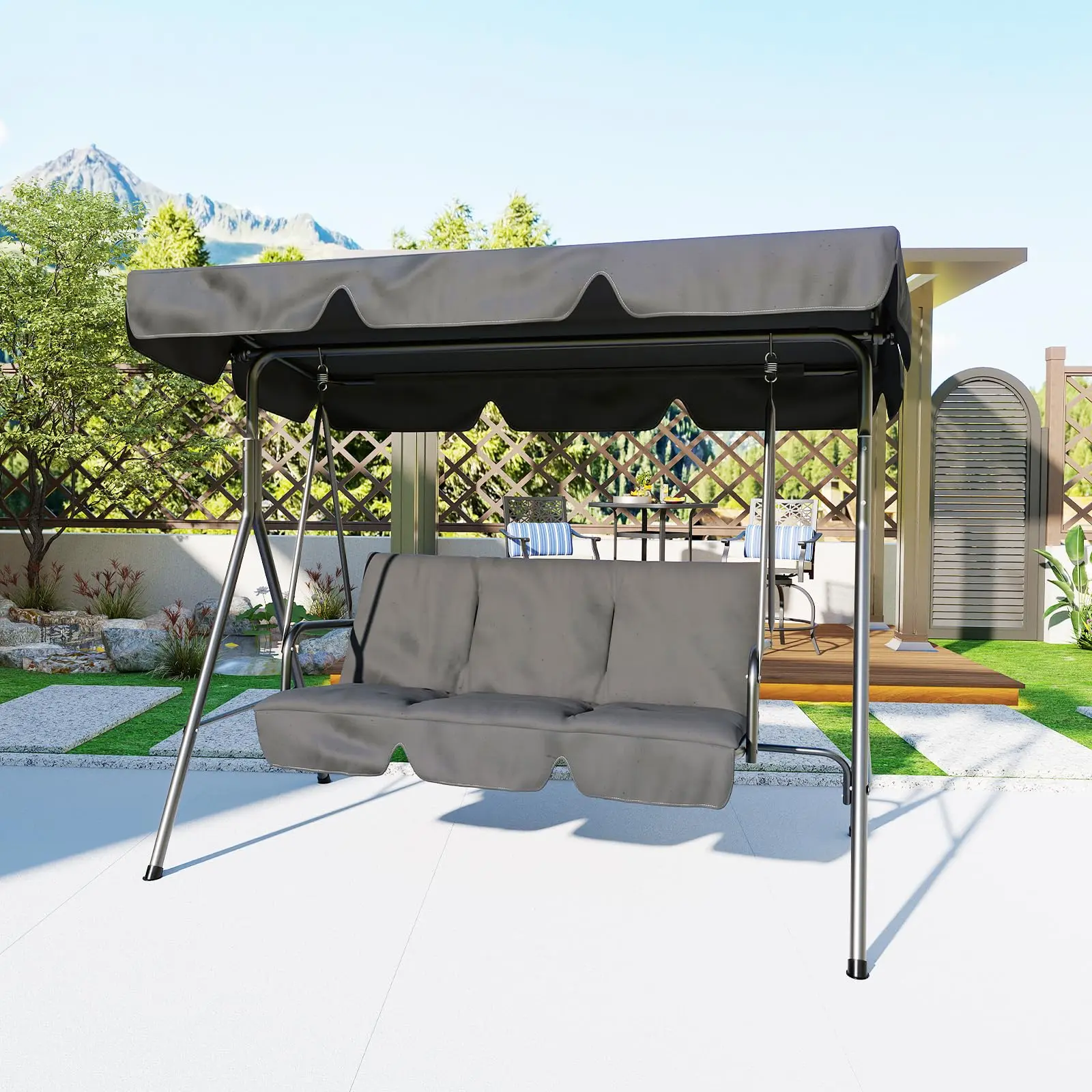 Heavy-Duty 3-Person Porch Swing with Adjustable Sun Canopy, Breathable Seat & Back, Armrests, 600 lb Capacity – Perfect for Outdoor Relaxation