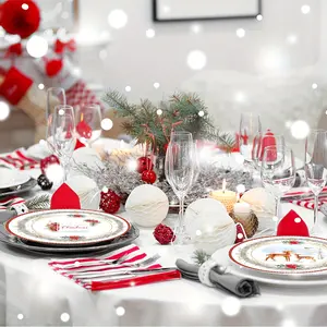 New 150 Pcs of Christmas Poinsettia Flower deer Disposable Plates: Deer Christmas holiday In The Forest In The Winter Snow Under The Red Background 25 sets of party plates Napkins Cups Perfect For School Office Home US Express Delivery.