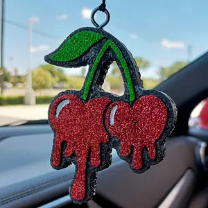Cherry Drip Car Freshie - Red Drip Design with Green Leaf, Ideal for car/truck or small spaces.