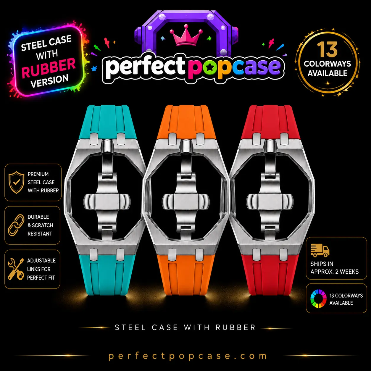 LIFE TIME WARRANTY PERFECT FIT Case/Band for AP X Swatch Royal Pop Swiss Luxury 316L STAINLESS STEEL and Rubber