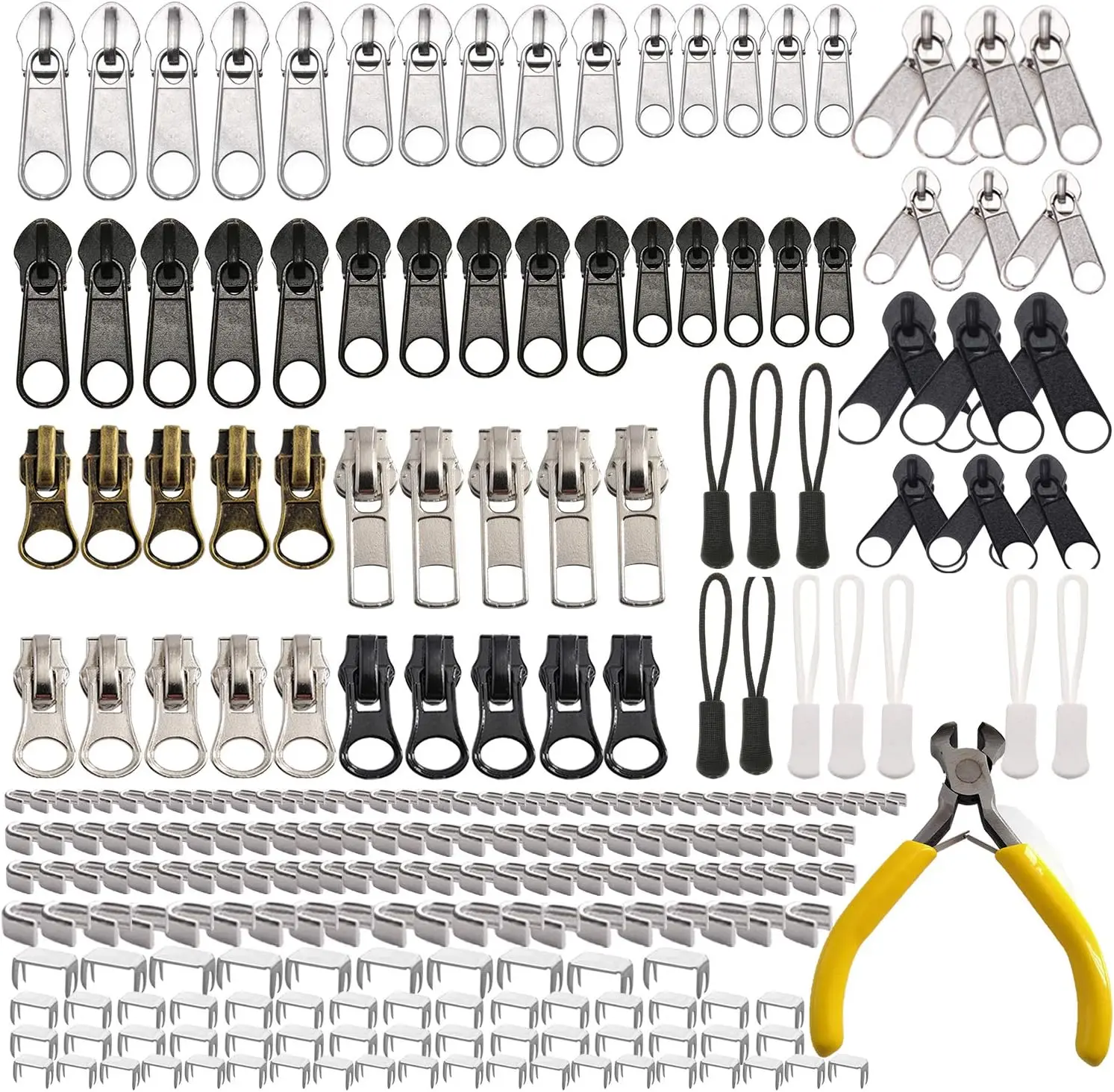 252Pcs Zipper Repair Kit with Pliers & Storage Case, Replacement Pulls for Bags, Jackets, Luggage, Metal Sliders (3,5,8), Lock & Non-Lock Types, Nylon Plastic Metal Teeth Sewing Accessory
