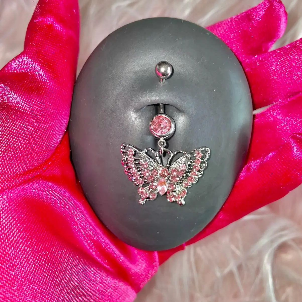 Pink Butterfly Belly Button Ring for Navel Piercings 14G Dangling Silver Body Jewelry