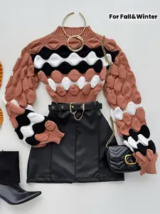 [Hot Soft Women's Pullover] Hot Soft Women's Fashion Bubble Pattern Contrast Col